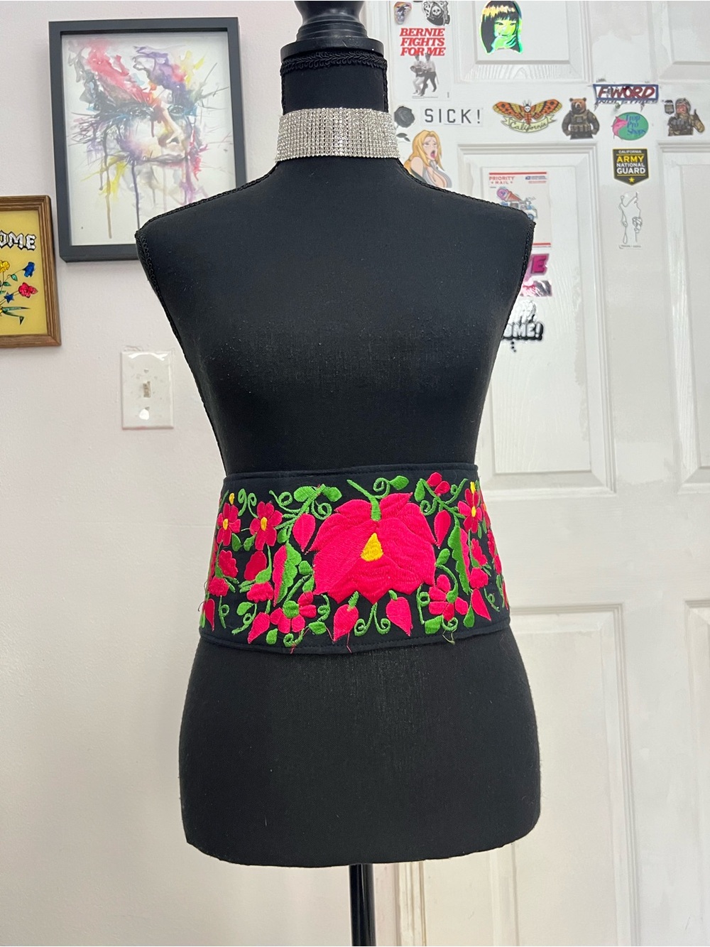 Embroidered Floral Waist Belt in Black with Pink & Green